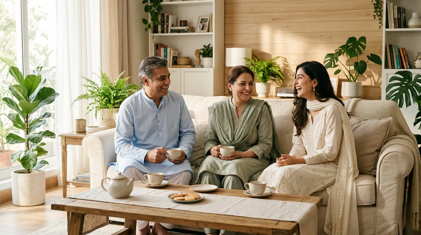 Parents talking with their adult daughter at home